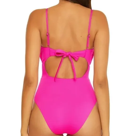 🆕️2023 BECCA BY REBECCA VIRTUE Pink Ribbed Asymmetrical One Piece Swimsuit M - Picture 5 of 14